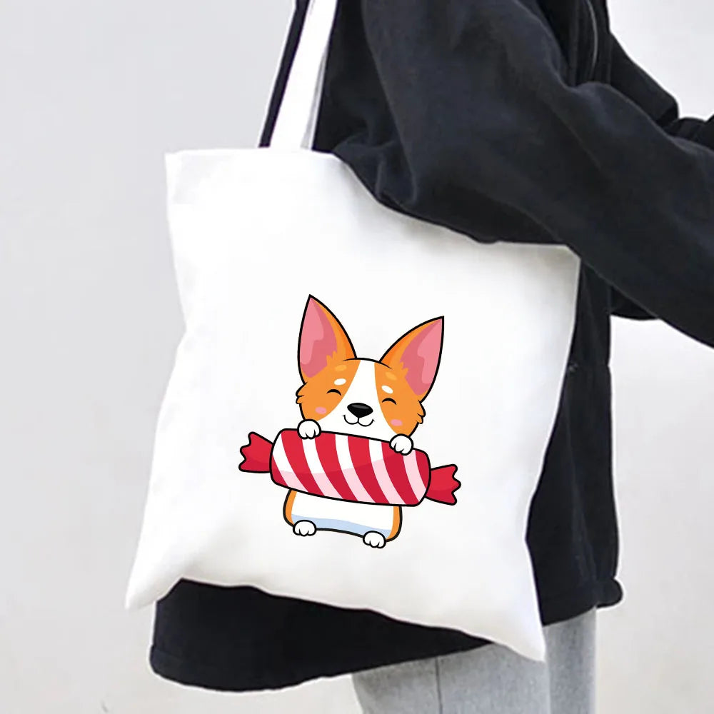 Panda Dog Love Heart Canvas Shoulder Shopping Bags Large Capacity Handbag Tote