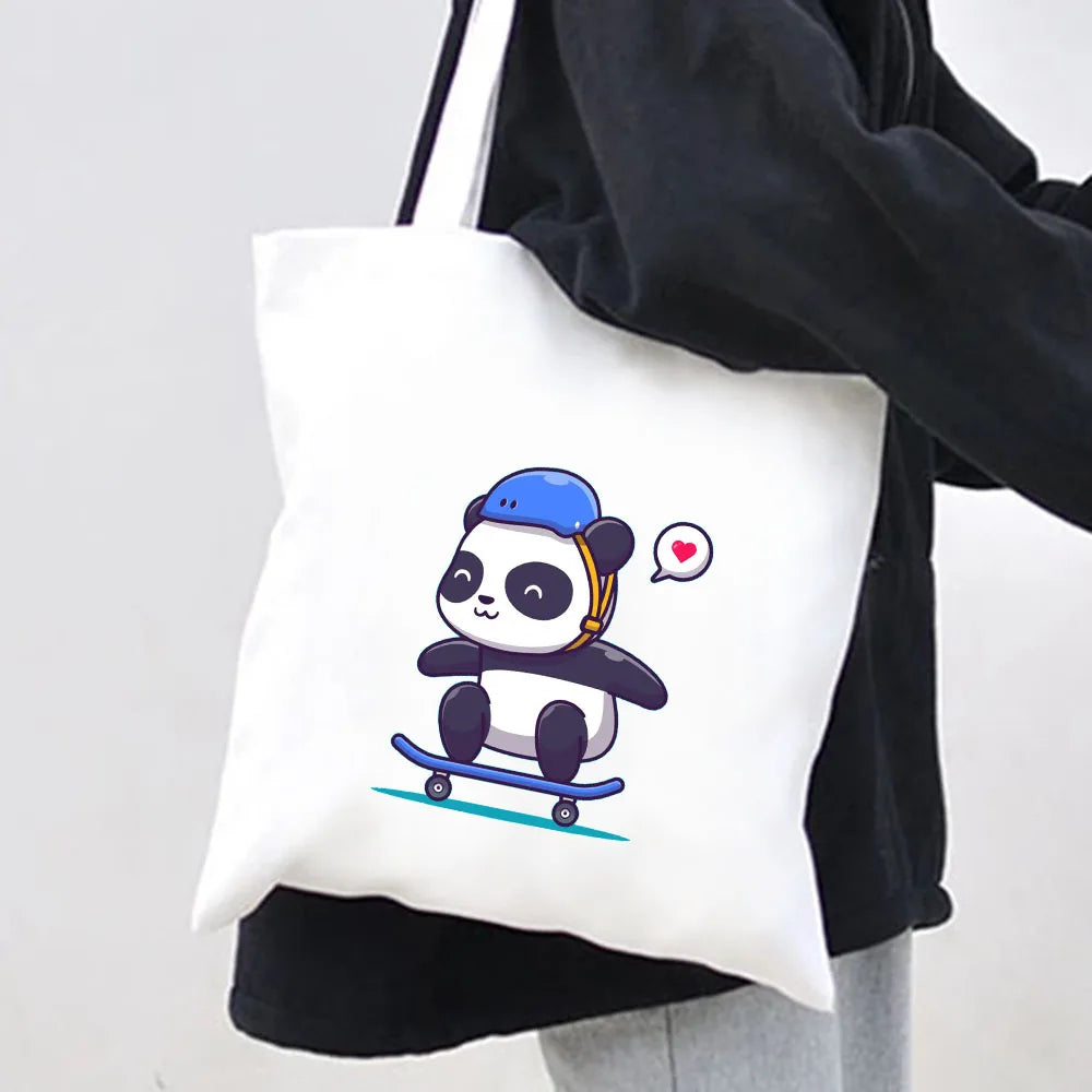 Panda Dog Love Heart Canvas Shoulder Shopping Bags Large Capacity Handbag Tote