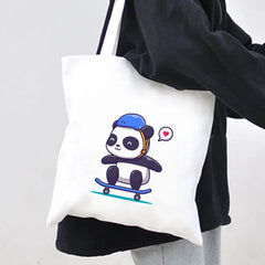 Panda Dog Love Heart Canvas Shoulder Shopping Bags Large Capacity Handbag Tote
