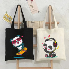 Panda Dog Love Heart Canvas Shoulder Shopping Bags Large Capacity Handbag Tote
