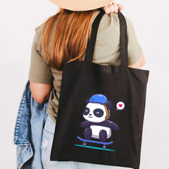 Panda Dog Love Heart Canvas Shoulder Shopping Bags Large Capacity Handbag Tote