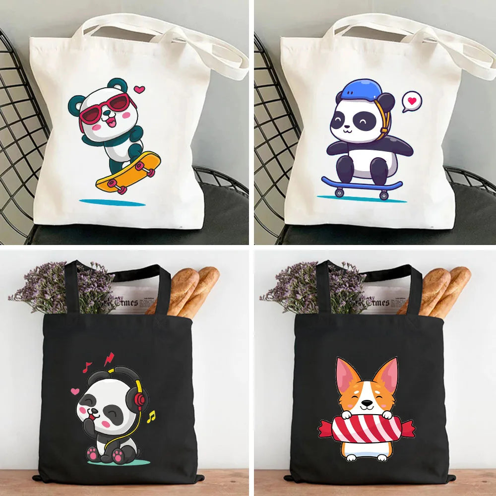 Panda Dog Love Heart Canvas Shoulder Shopping Bags Large Capacity Handbag Tote