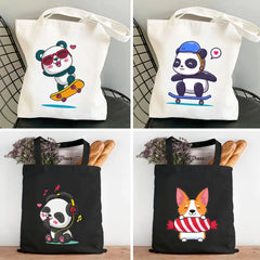 Panda Dog Love Heart Canvas Shoulder Shopping Bags Large Capacity Handbag Tote