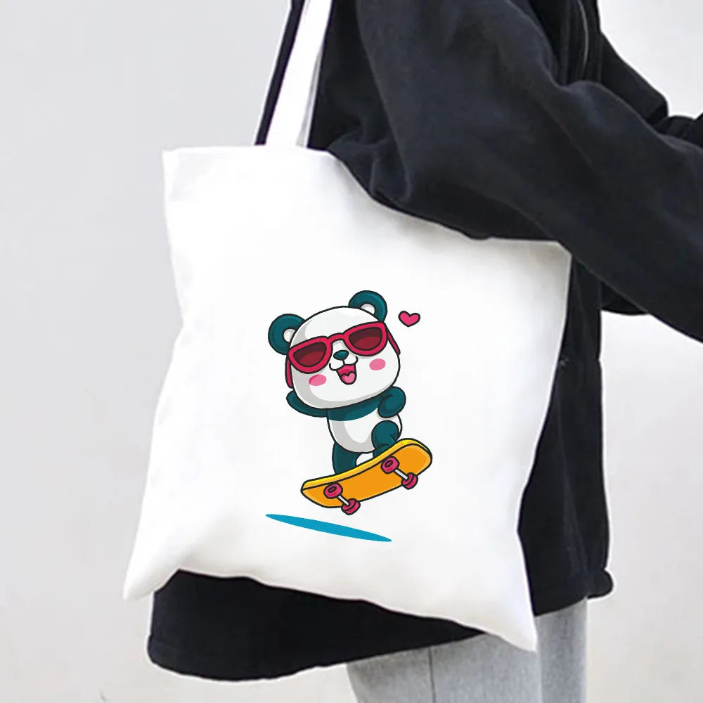 Panda Dog Love Heart Canvas Shoulder Shopping Bags Large Capacity Handbag Tote