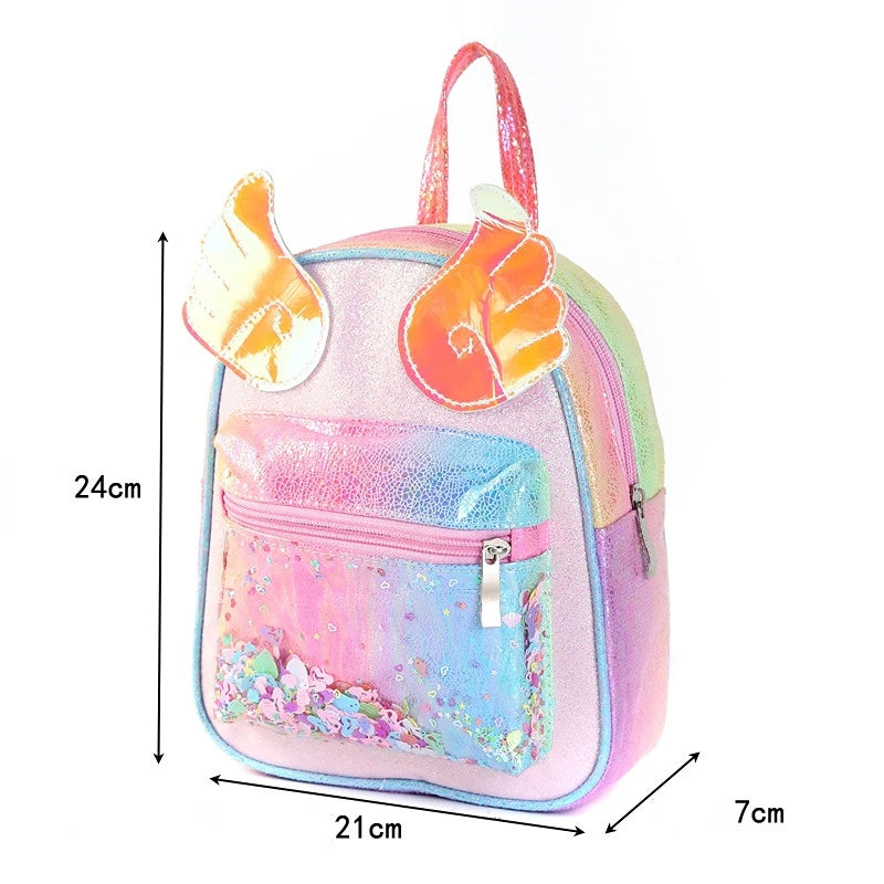 Pink Bow Schoolbag For Girls Princess Rainbow Wings Laser Backpack