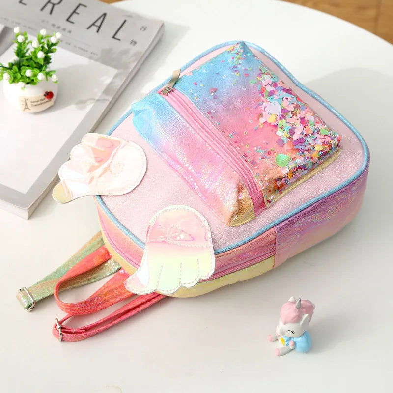Pink Bow Schoolbag For Girls Princess Rainbow Wings Laser Backpack
