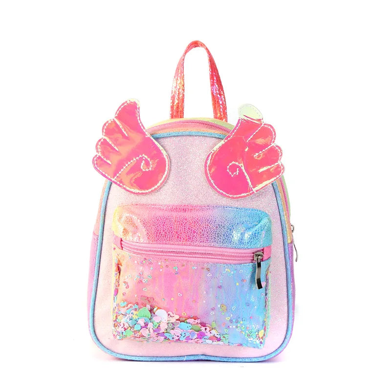 Pink Bow Schoolbag For Girls Princess Rainbow Wings Laser Backpack