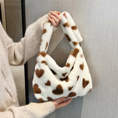 Pink Heart Print Plush Handbag Soft Faux Fur Tote Bag Purses Lady Shoulder Bags