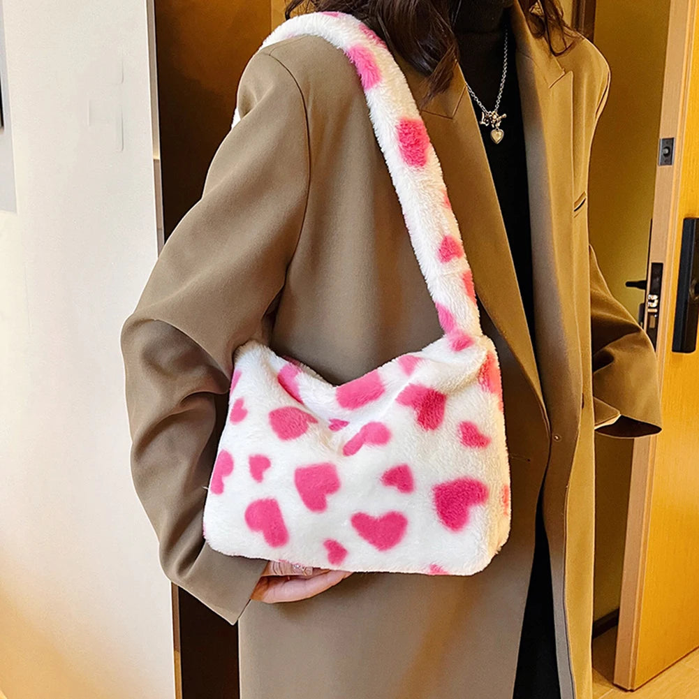 Pink Heart Print Plush Handbag Soft Faux Fur Tote Bag Purses Lady Shoulder Bags