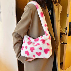 Pink Heart Print Plush Handbag Soft Faux Fur Tote Bag Purses Lady Shoulder Bags