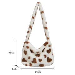 Pink Heart Print Plush Handbag Soft Faux Fur Tote Bag Purses Lady Shoulder Bags