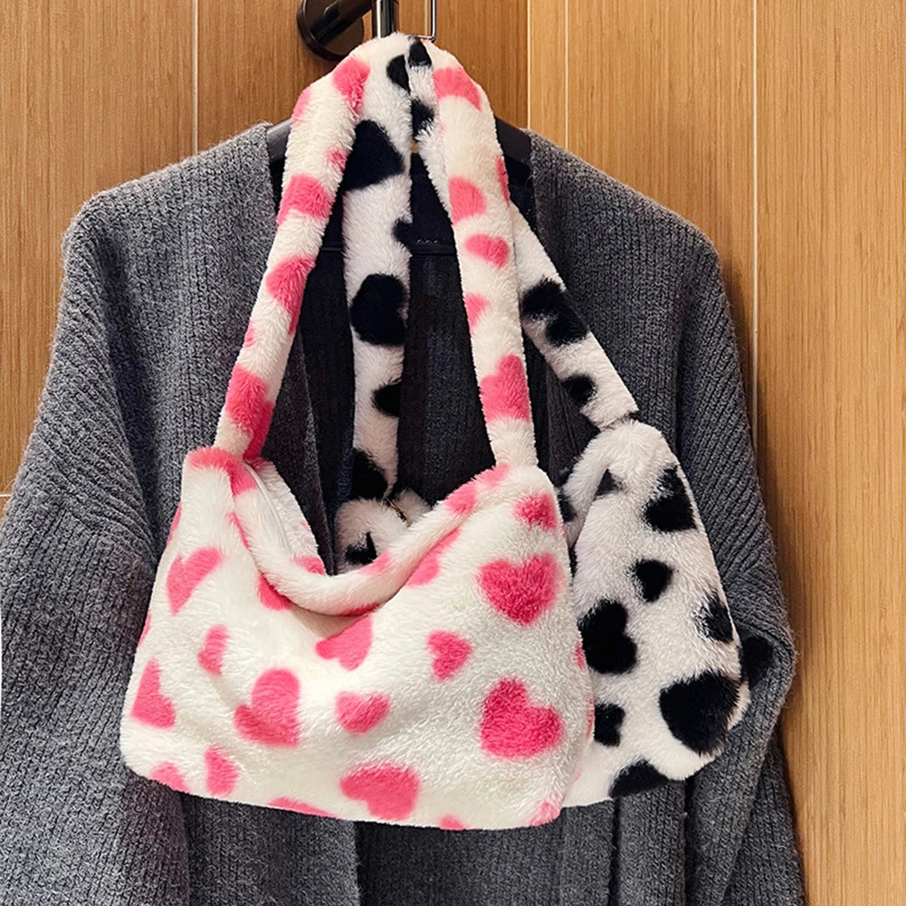 Pink Heart Print Plush Handbag Soft Faux Fur Tote Bag Purses Lady Shoulder Bags
