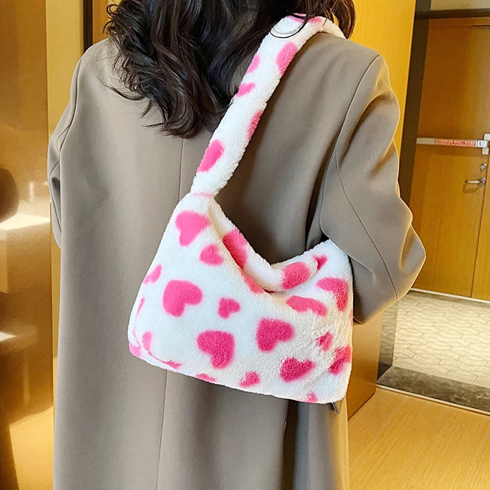 Pink Heart Print Plush Handbag Soft Faux Fur Tote Bag Purses Lady Shoulder Bags