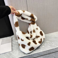 Pink Heart Print Plush Handbag Soft Faux Fur Tote Bag Purses Lady Shoulder Bags