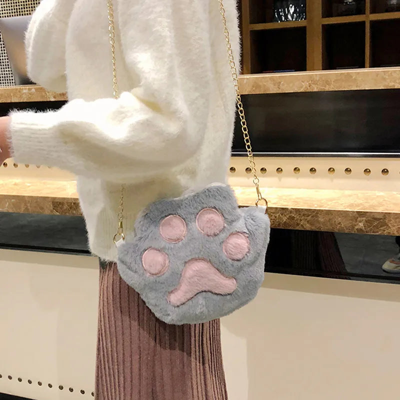 Cat Paw Purse Fluffy Bag Mobile Phone Wallet Fur Shoulder Bag