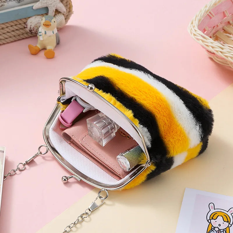 Fur Circle Wallet for Girl Clutch Embroidered Bag Key Earphone Organizer