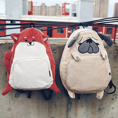 Pug Dog Corduroy Backpacks for Women Japan Style Fox Embroidery School Bags