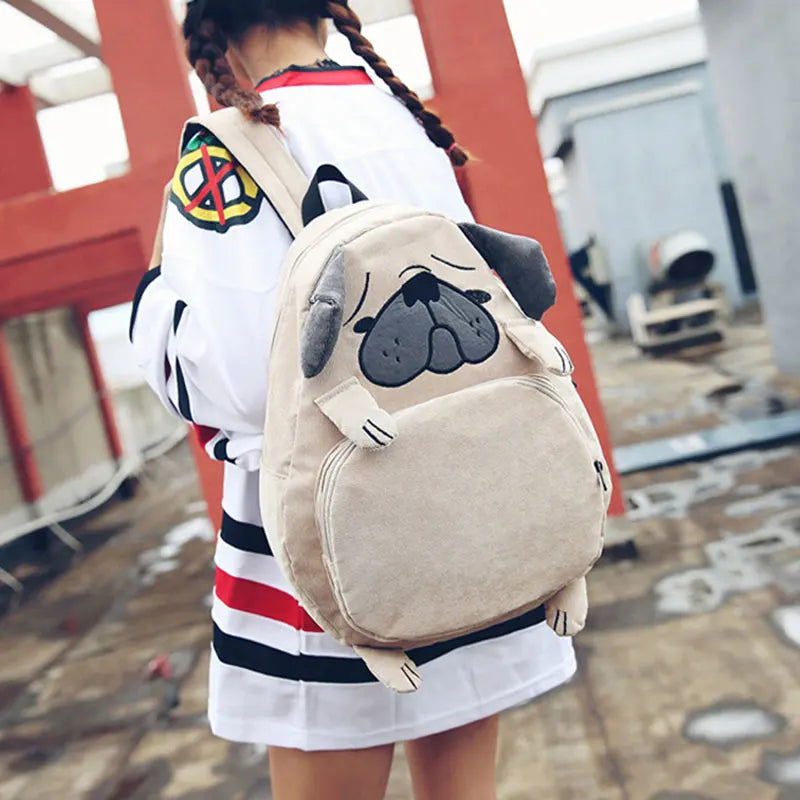 Pug Dog Corduroy Backpacks for Women Japan Style Fox Embroidery School Bags