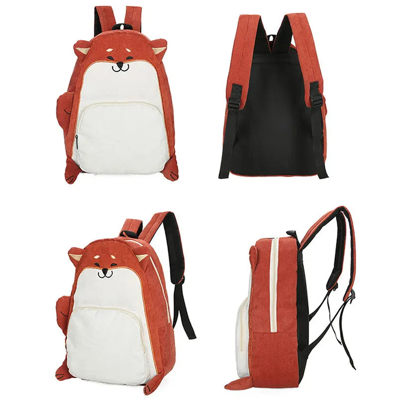 Pug Dog Corduroy Backpacks for Women Japan Style Fox Embroidery School Bags