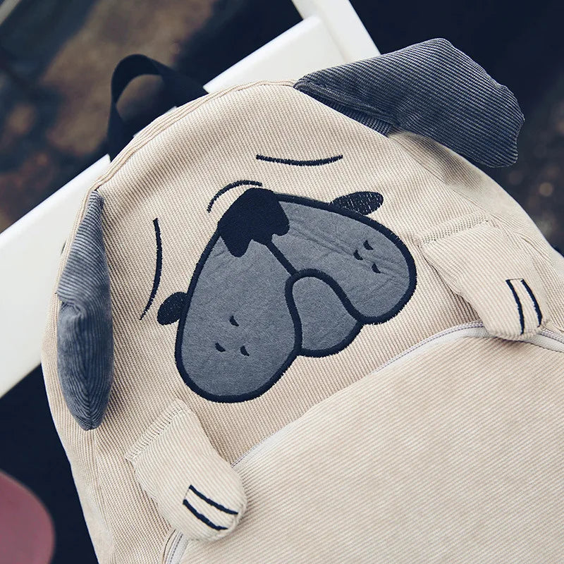 Pug Dog Corduroy Backpacks for Women Japan Style Fox Embroidery School Bags