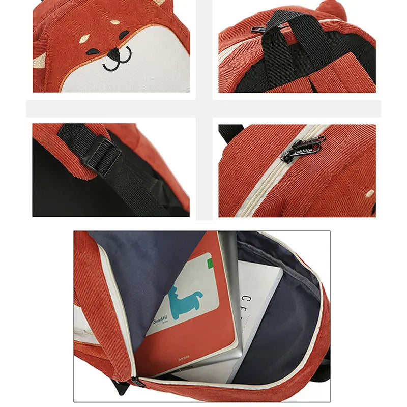 Pug Dog Corduroy Backpacks for Women Japan Style Fox Embroidery School Bags
