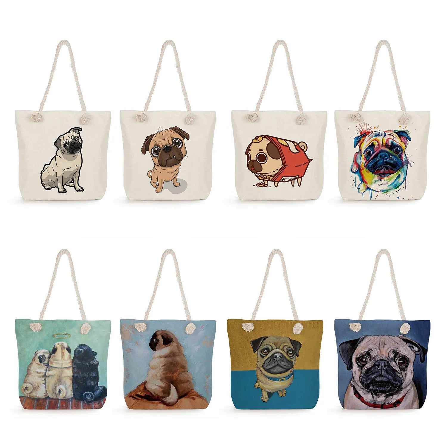 Pug Dog Print Reusable Shopping Bags Foldable Handbags