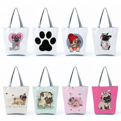 Funny Pug Handbag Print Women Shoulder Bag Casual Paw Tote Travel Portable
