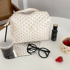 Quilted Cosmetic Bag Floral Makeup Organizer Zipper Beauty Case Women Travel
