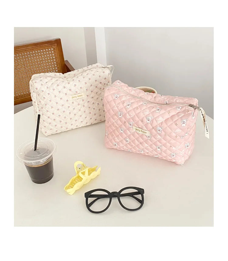 Quilted Cosmetic Bag Floral Makeup Organizer Zipper Beauty Case Women Travel