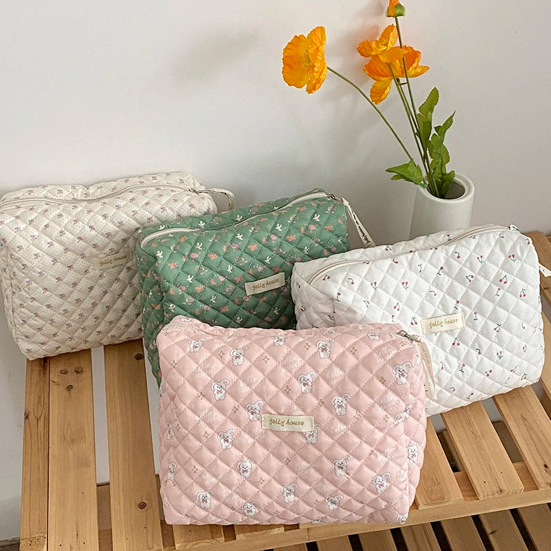 Quilted Cosmetic Bag Floral Makeup Organizer Zipper Beauty Case Women Travel