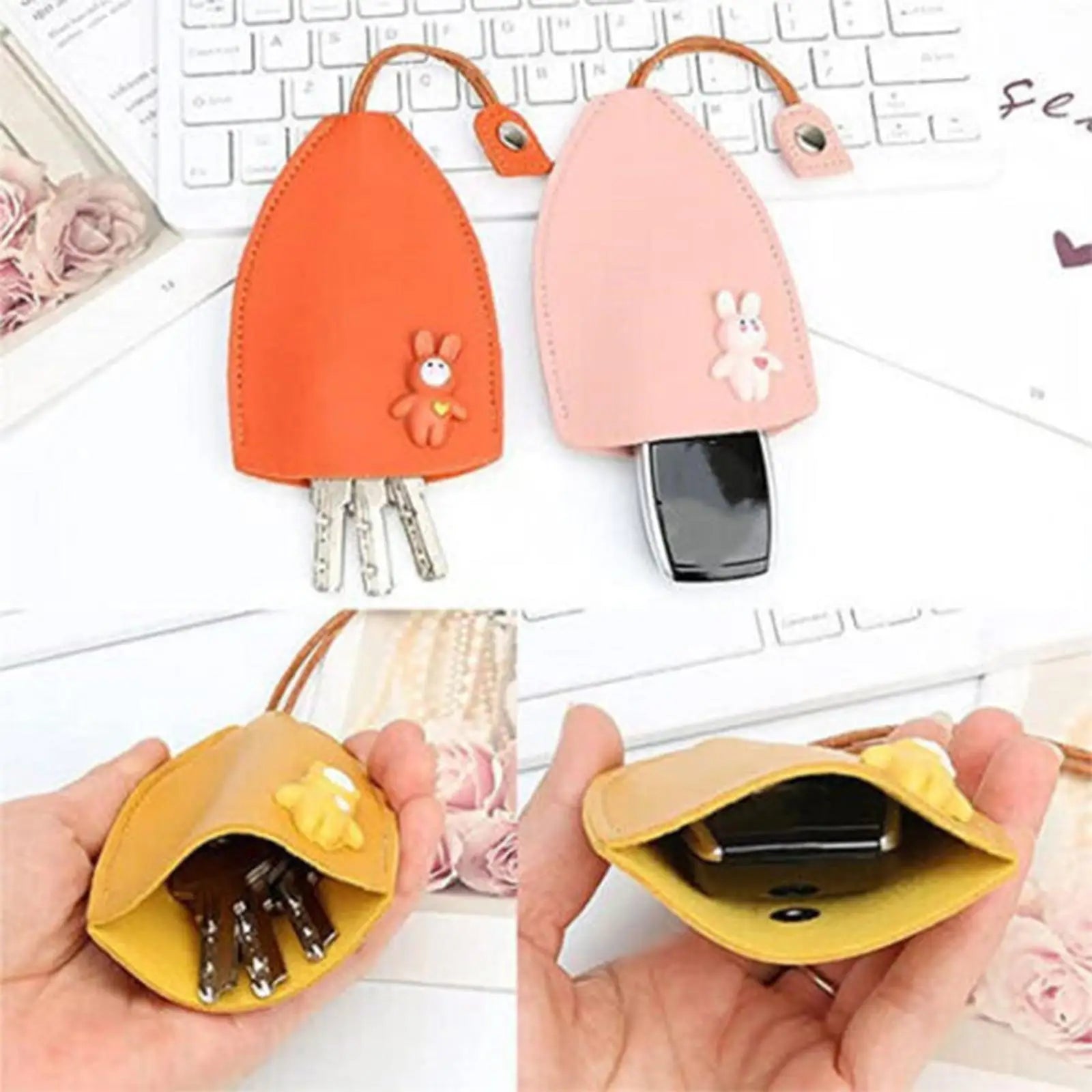 Rabbit Cats Unisex PU Leather Key Wallets Housekeepers Car Key Holder Case