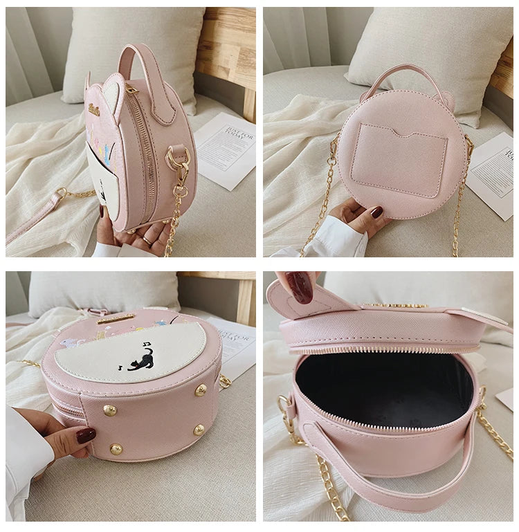 Round Cat Pattern Handbag Embroidery Clutch Bag Girls Caual Totes