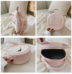 Round Cat Pattern Handbag Embroidery Clutch Bag Girls Caual Totes