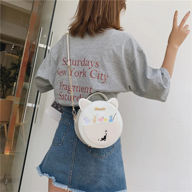 Round Cat Pattern Handbag Embroidery Clutch Bag Girls Caual Totes