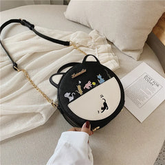 Round Cat Pattern Handbag Embroidery Clutch Bag Girls Caual Totes