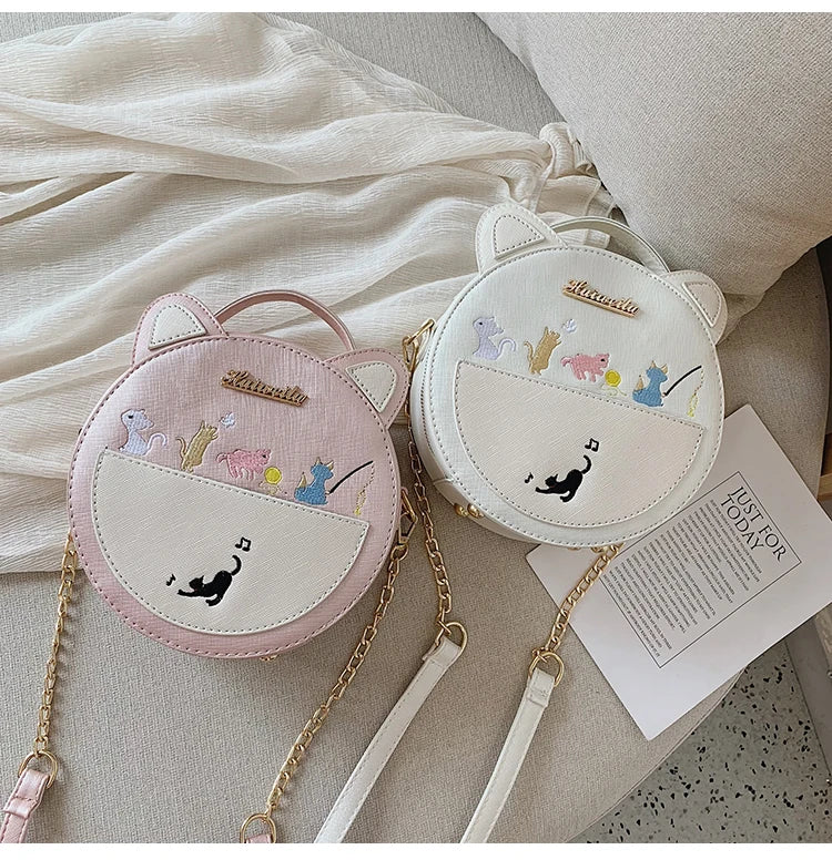 Round Cat Pattern Handbag Embroidery Clutch Bag Girls Caual Totes