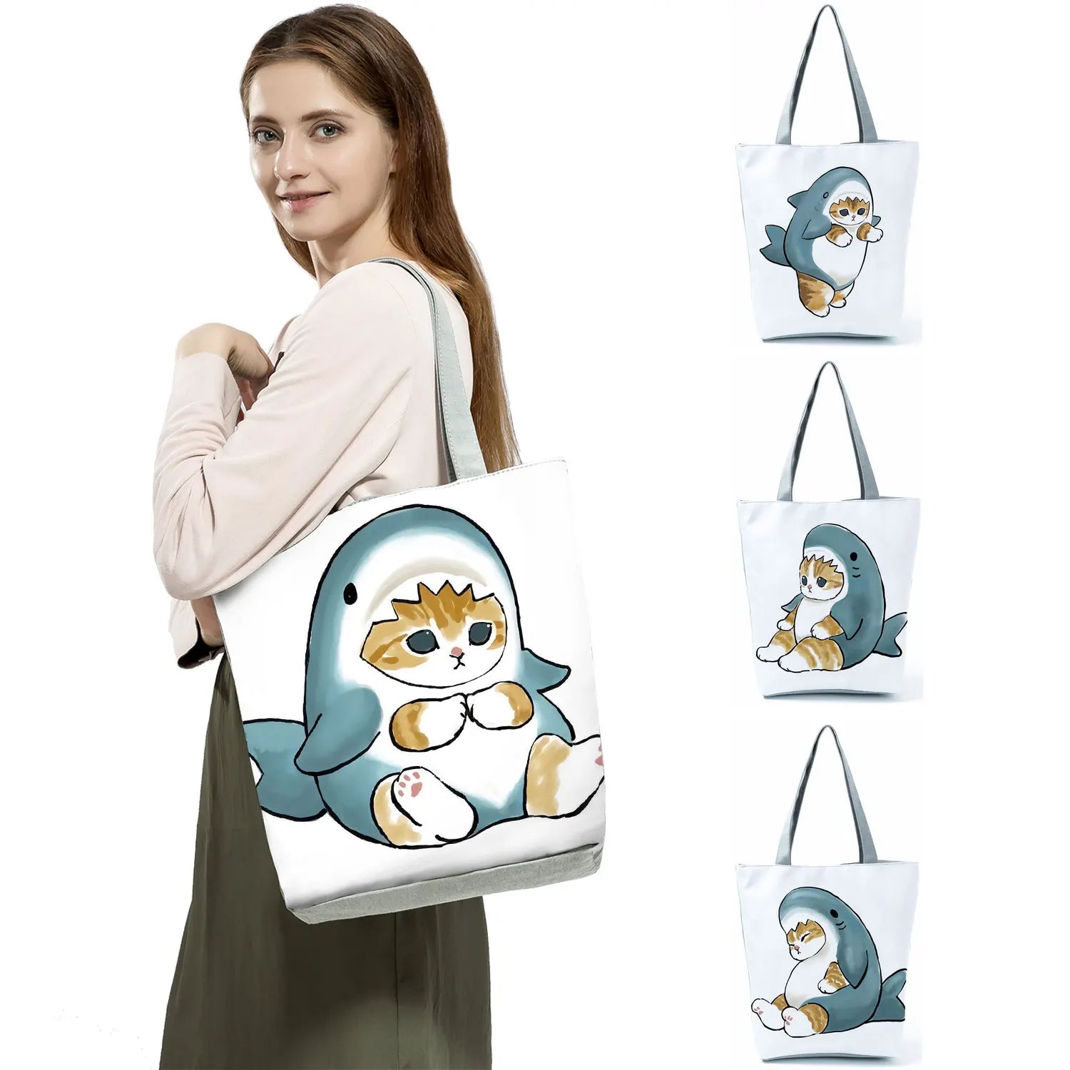 Shark Cat Handbags Portable High Capacity Shopper Eco Reusable Shopping Bag