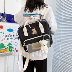 Harajuku Student Bookbag with Cartoon Bear Pendant - Teenage Girl School Bag