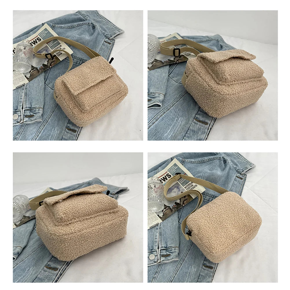 Vintage Lamb Wool Shoulder Bag for Women