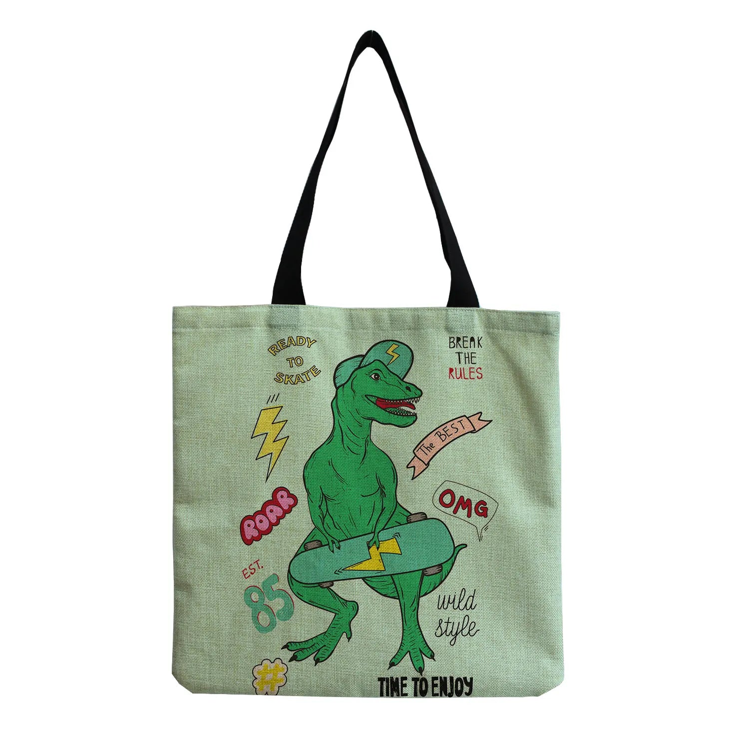 Dino Flowers Shopper Bag Plant Casual Preppy Handbag Student Carry School Bag