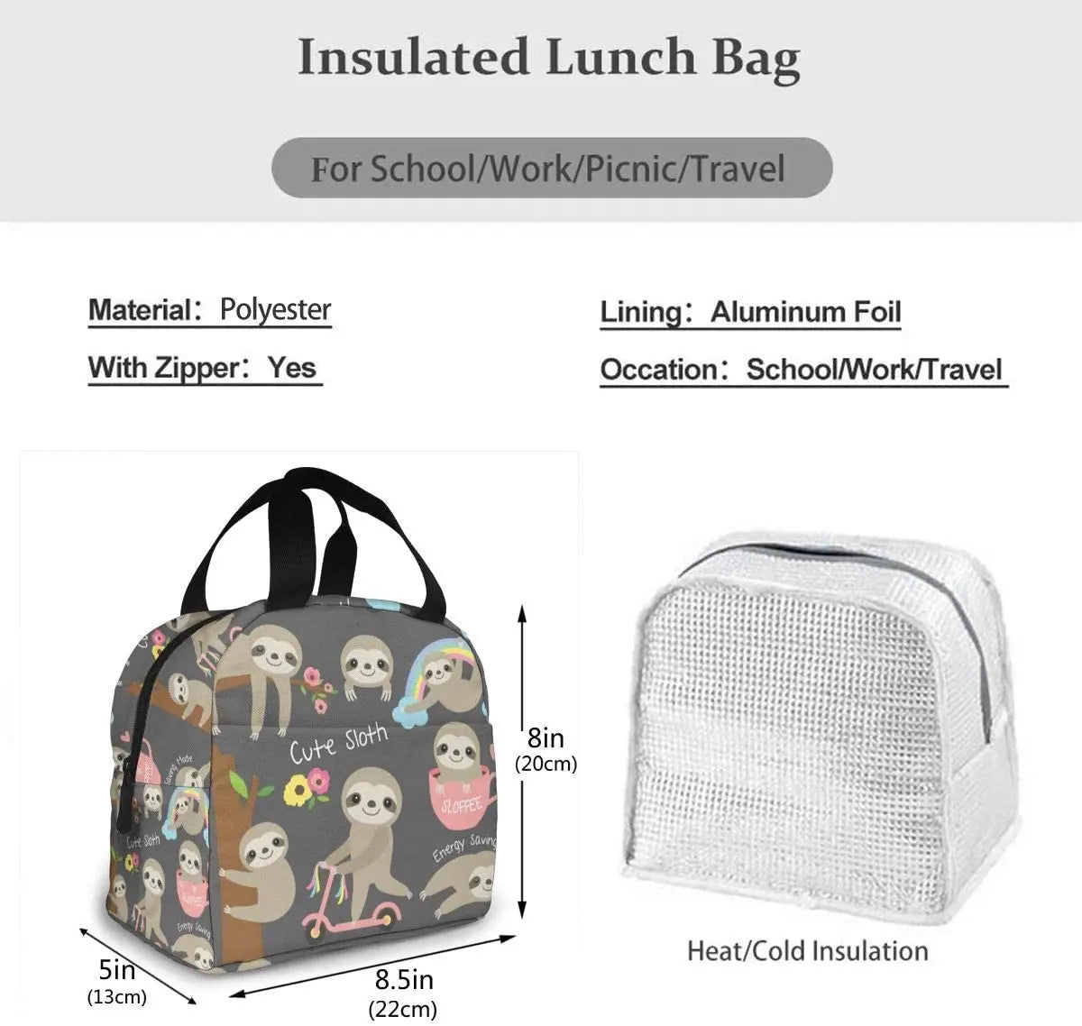 Sloth Insulated Lunch Bag for Women Office School Picnic