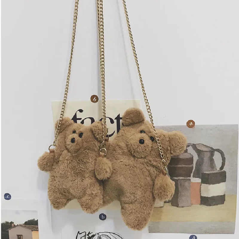 Small Plush Cartoon Bear Shoulder Bag for Women Ladies Mini Crossbody