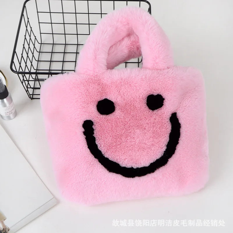 Smiley Face Women Plush Shoulder Bag Soft Faux Fur Chain Messenger Bag