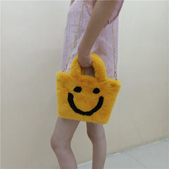Smiley Face Women Plush Shoulder Bag Soft Faux Fur Ladies Chain Messenger Bags