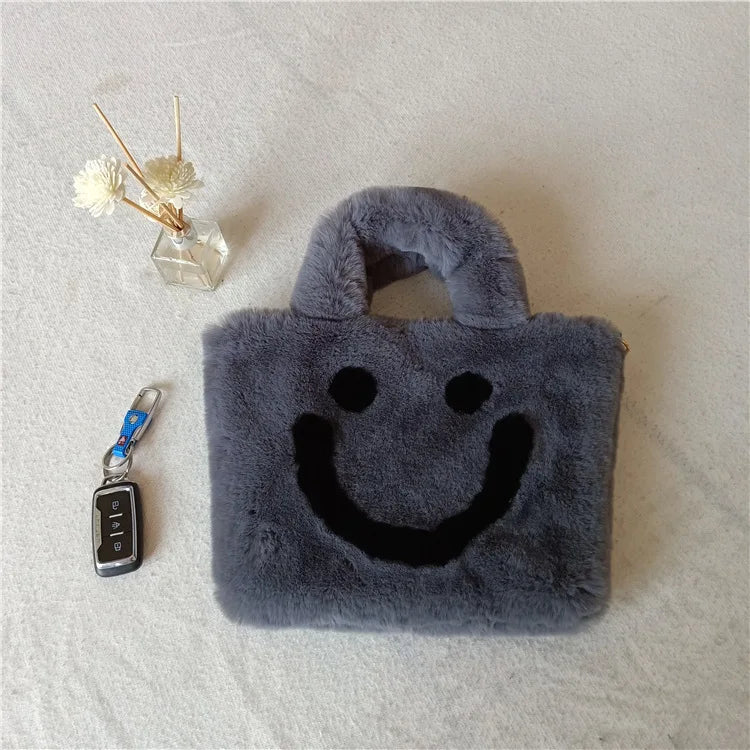 Smiley Face Women Plush Shoulder Bag Soft Faux Fur Ladies Chain Messenger Bags