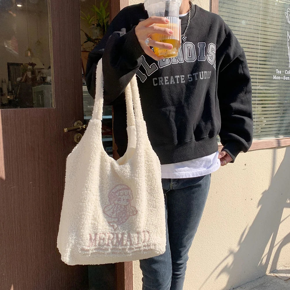 Soft Fleece Plush Handbag Mermaid Dolphin Embroidery Shoulder Tote Bag
