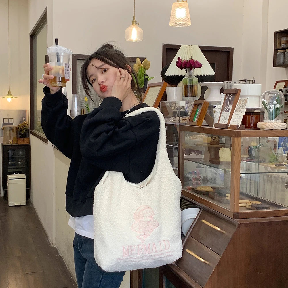 Soft Fleece Plush Handbag Mermaid Dolphin Embroidery Shoulder Tote Bag