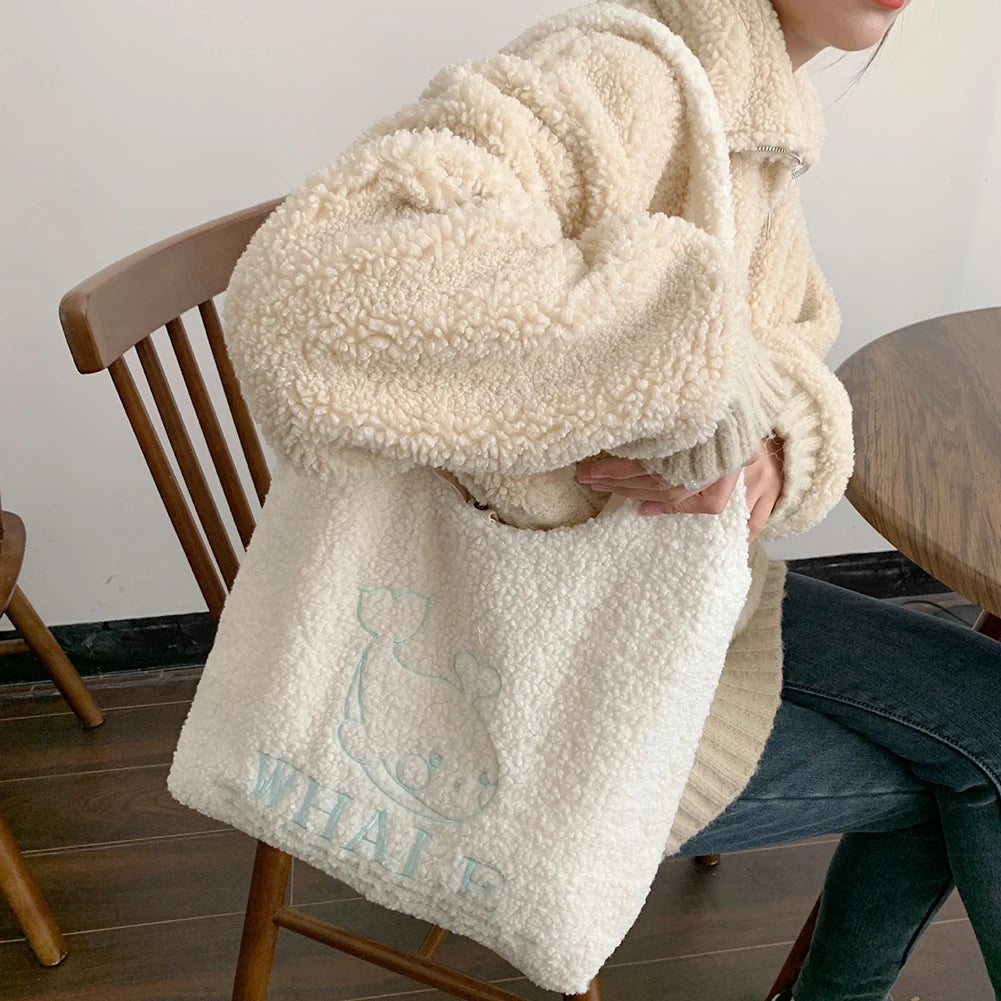 Soft Fleece Plush Handbag Mermaid Dolphin Embroidery Shoulder Tote Bag
