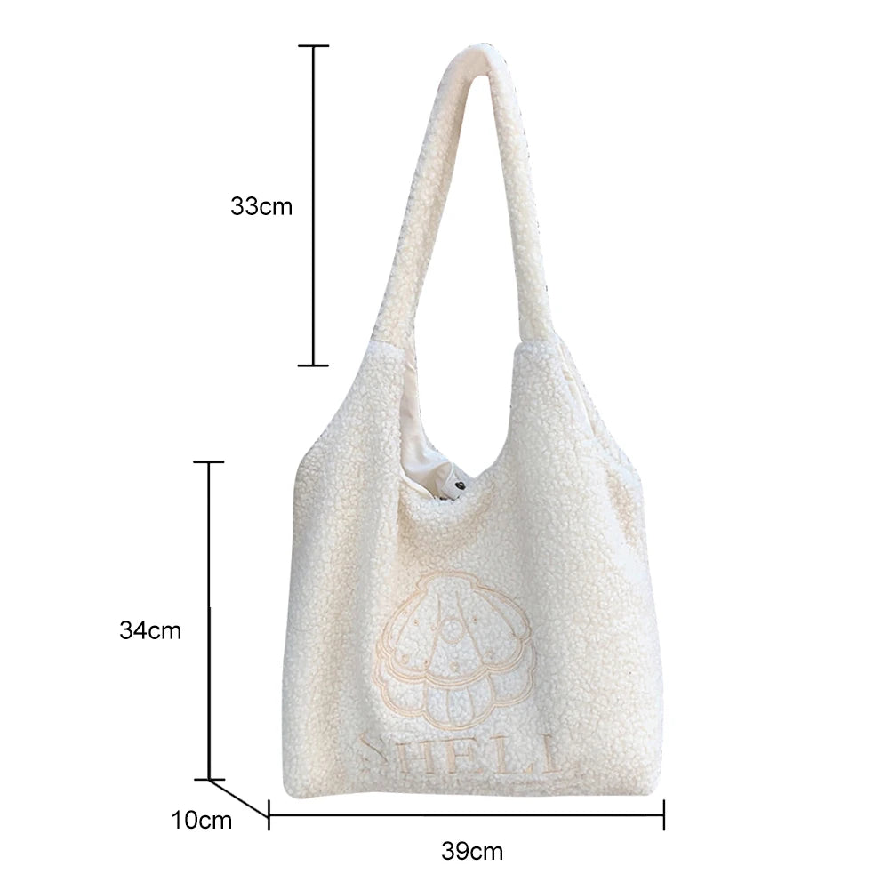 Soft Fleece Plush Handbag Mermaid Dolphin Embroidery Shoulder Tote Bag