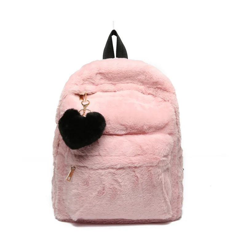 Soft Faux Fur Backpack Winter Plush Rucksack Pink Mochila